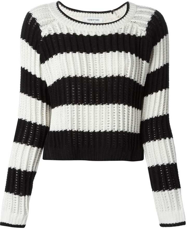 Color block stripe pattern crop pointelle knit sweater
