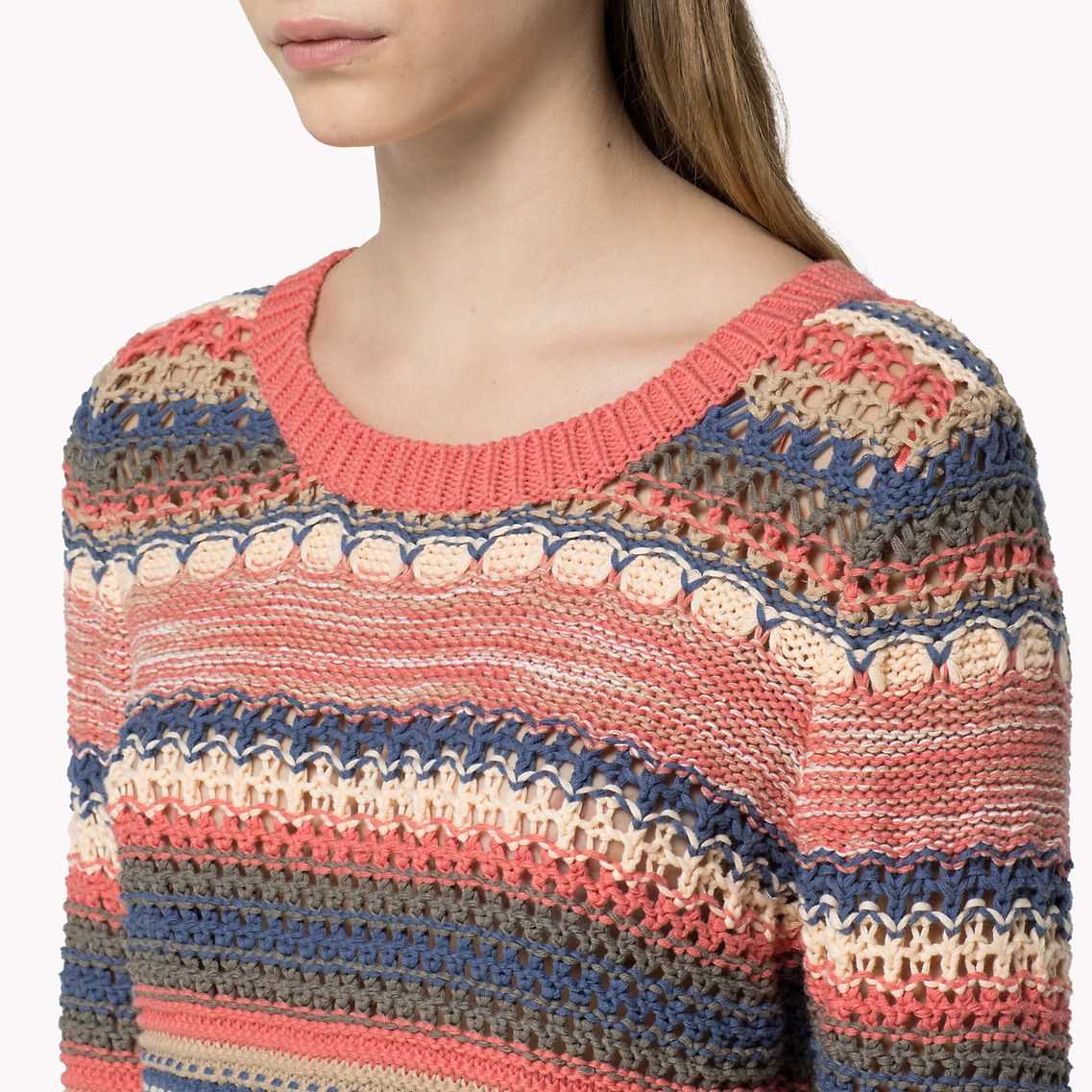 Color block stripe pattern crop pointelle knit sweater