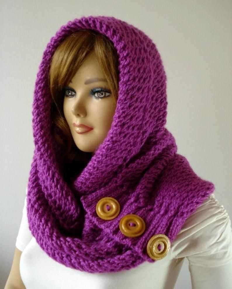 Knit pattern hooded cowl scarf