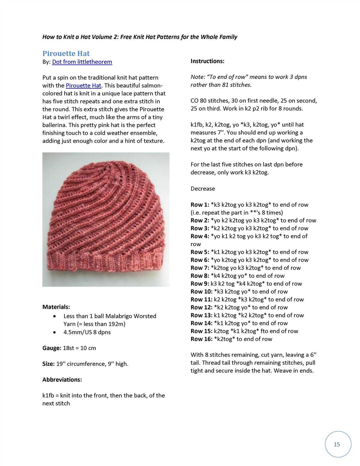 Knitting in the round hat pattern