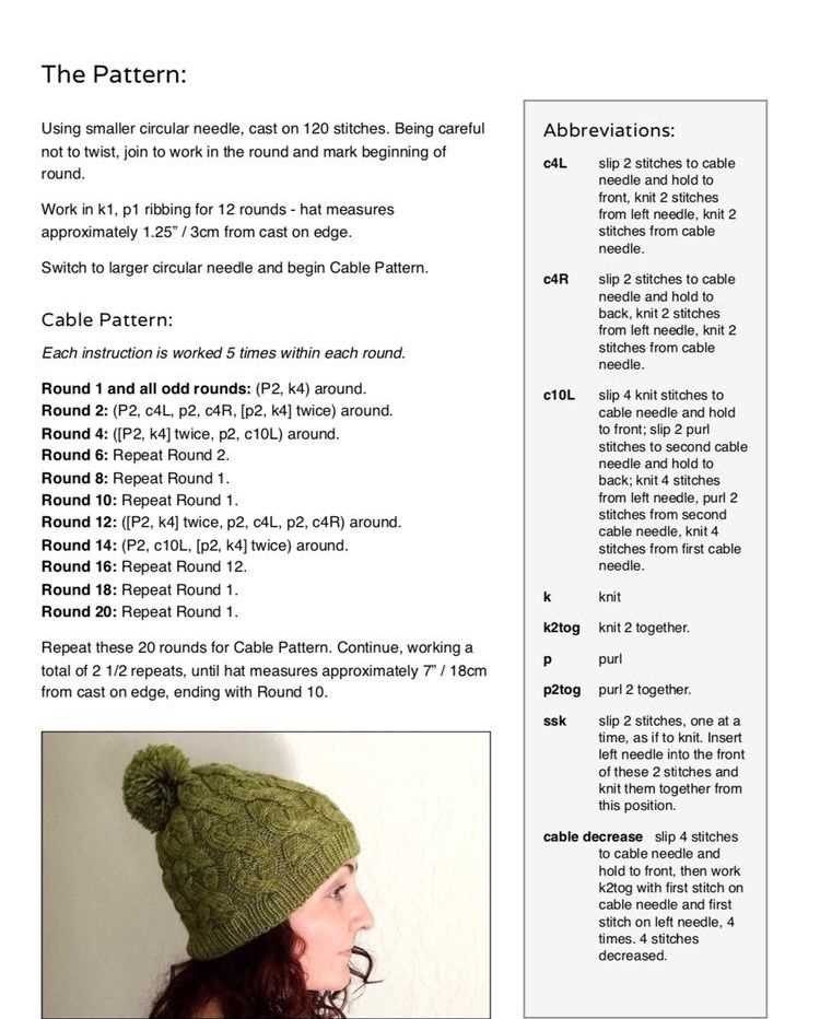 Cable knit hat pattern in the round